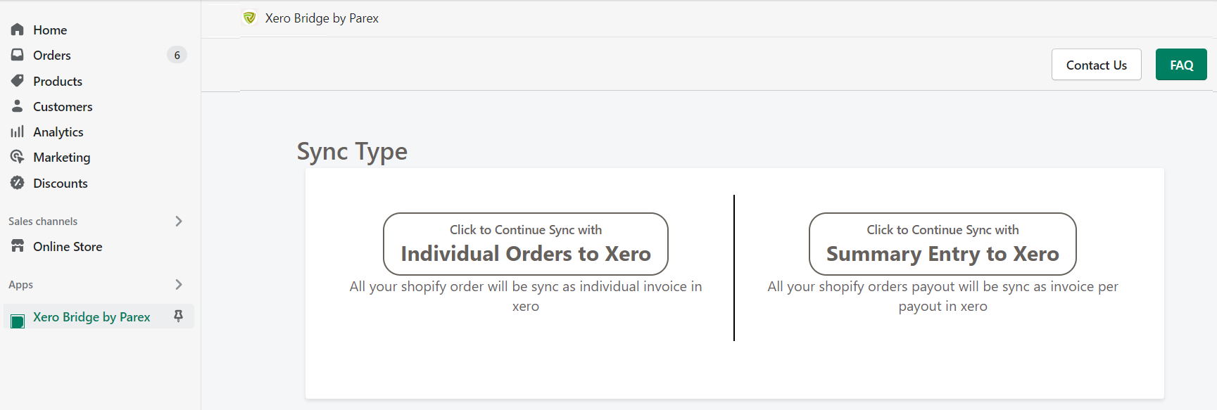Selection of Individual order sync or Summary sync in Xero bridge app.